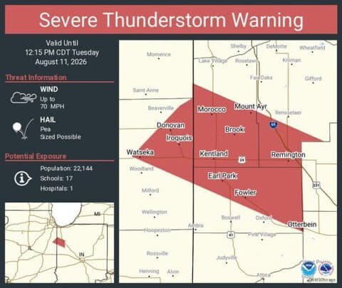 Severe Thunderstorm Warning Continues for Watseka, Fowler and Kentland With 70 MPH Winds