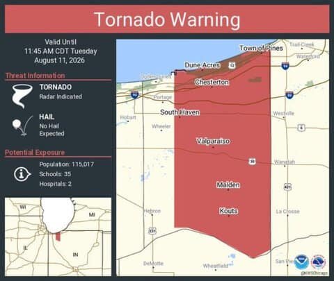 Tornado Warning Continues for Valparaiso, Chesterton and South Haven, Indiana