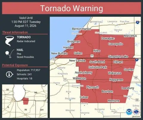 Tornado Warning Issued for South Bend, Elkhart and Mishawaka, Indiana