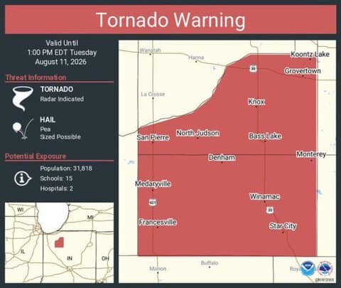 Tornado Warning Continues for Knox, Winamac and North Judson, Indiana