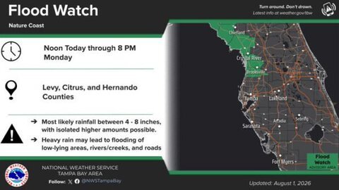 Flood Watch issued for Levy, Citrus and Hernando counties in Florida