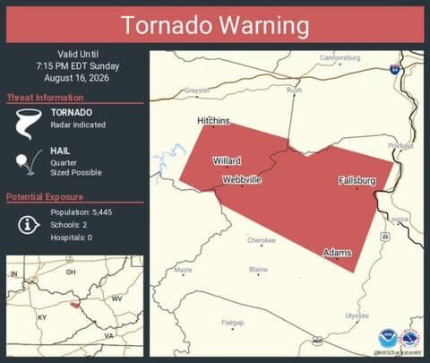 Tornado Warning Issued for Hitchins, Adams and Fallsburg, Kentucky