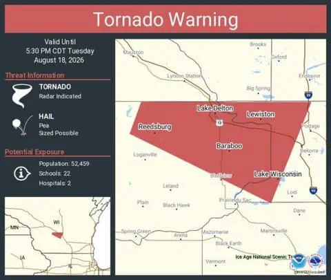 Tornado Warning Issued for Baraboo, Reedsburg and Lake Wisconsin Until 5:30 PM CDT