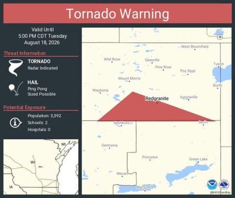 Tornado Warning Continues for Redgranite and Lohrville, Wisconsin Until 5 PM CDT