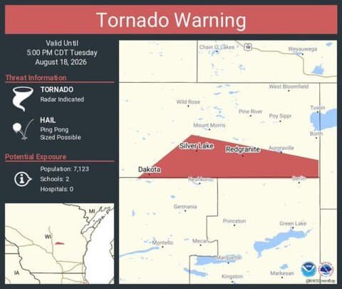 UPDATE: Tornado Warning Expands to Redgranite, Lohrville and Dakota, Wisconsin