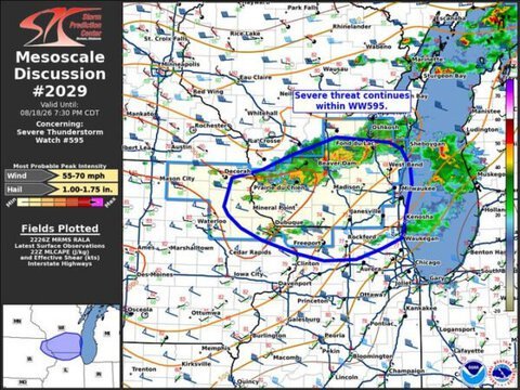 Severe Thunderstorms Threaten Wisconsin, Illinois and Iowa With 70 MPH Winds and Large Hail