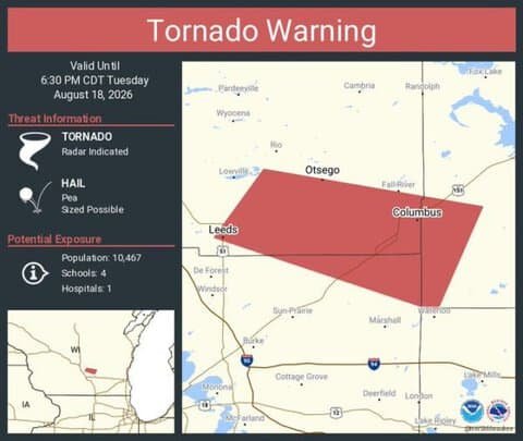 Tornado Warning Issued for Columbus, Leeds and Otsego, Wisconsin Until 6:30 PM CDT