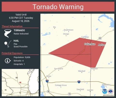 UPDATE: Tornado Warning Continues for Columbus and Astico, Wisconsin Until 6:30 PM CDT