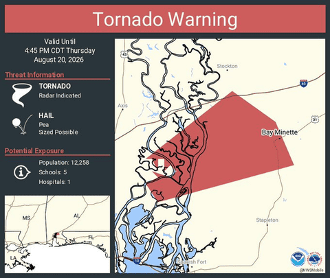 Tornado Warning Issued for Bay Minette, Alabama, Until 4:45 PM CDT