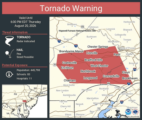 Tornado Warning Continues for West Chester, Brookhaven and Downingtown, Pennsylvania, Until 6 PM EDT