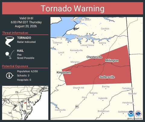 Tornado Warning Issued for Kingstown, Millington and Sudlersville, Maryland, Until 6 PM EDT