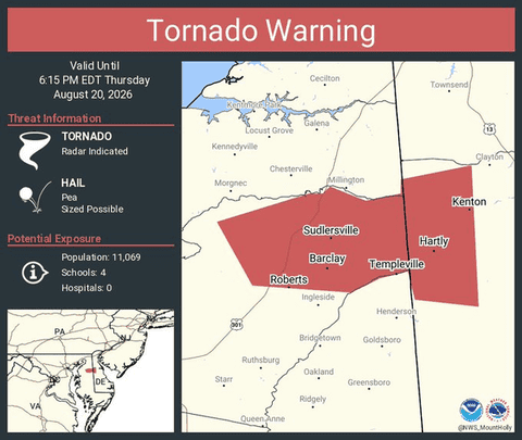 Tornado Warning Issued for Kenton, Delaware, and Sudlersville–Templeville, Maryland, Until 6:15 PM EDT
