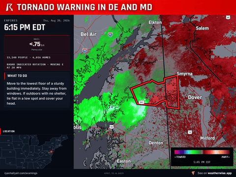Tornado Warning Moves Toward Hartly, Delaware, and Sudlersville, Maryland, Until 6:15 PM EDT
