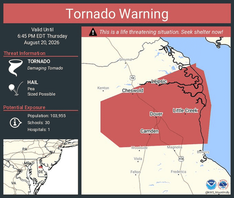 Large, Extremely Dangerous Tornado Confirmed Over Dover, Delaware