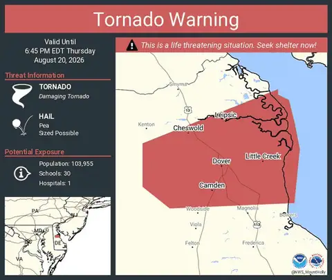 Large, Extremely Dangerous Tornado Confirmed Over Dover, Delaware