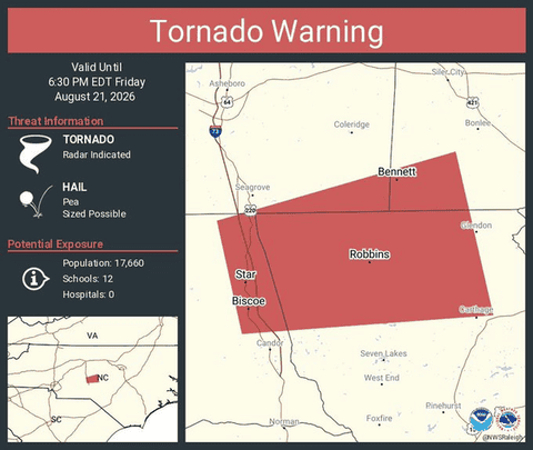 Tornado Warning Issued for Biscoe, Robbins and Star, North Carolina Until 6:30 PM