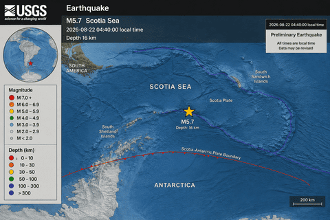 Preliminary Magnitude 5.7 Earthquake Strikes Scotia Sea
