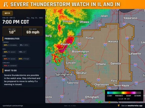 Illinois and Indiana Severe Thunderstorm Watch: 70 MPH Winds and Tornadoes Possible Until 7 PM