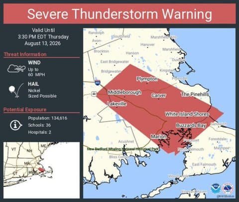 Massachusetts Severe Thunderstorm Warning: 60 MPH Winds Threaten Middleborough and Buzzards Bay