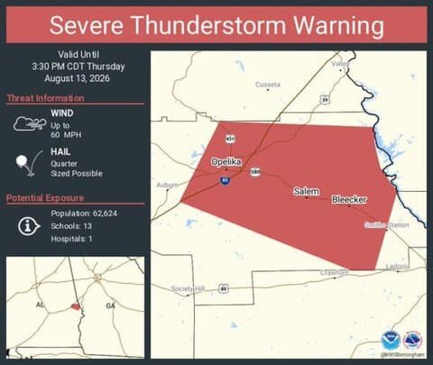 Alabama Severe Thunderstorm Warning: 60 MPH Winds Threaten Opelika, Bleecker and Salem