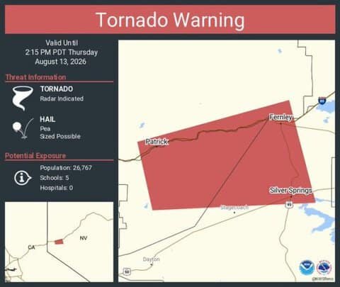 Nevada Tornado Warning: Radar-Indicated Tornado Threatens Fernley, Silver Springs and Wadsworth