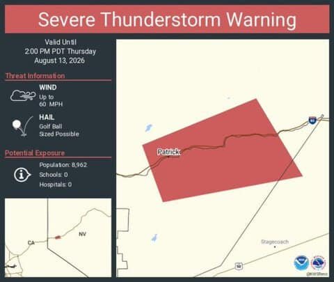 Severe Thunderstorm Near Reno Threatens 60 MPH Winds and Quarter-Size Hail
