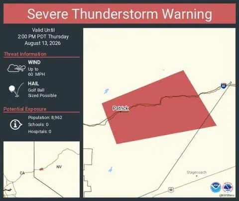 Severe Thunderstorm Near Reno Threatens 60 MPH Winds and Quarter-Size Hail