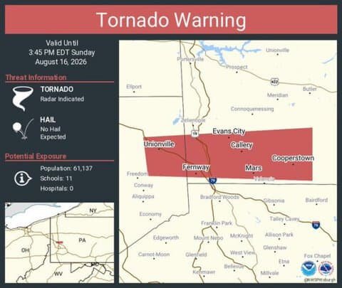 Tornado Warning Issued for Butler and Beaver Counties, Pennsylvania