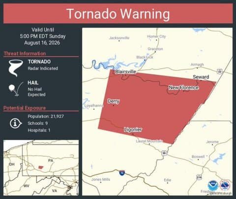 Tornado Warning Issued for Blairsville, Derry and Ligonier, Pennsylvania