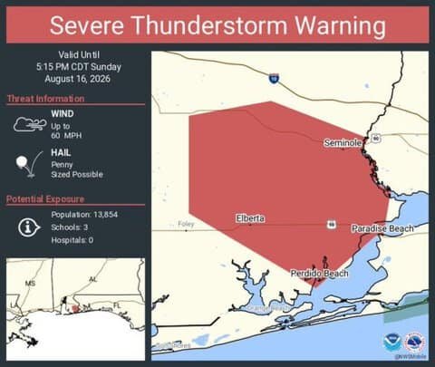Severe Thunderstorm Warning Issued for Elberta, Perdido Beach and Lillian, Alabama 1 Severe Thunderstorm Warning Issued for Elberta, Perdido Beach and Lillian, Alabama