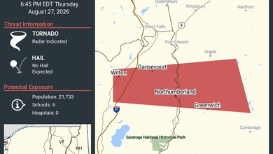Tornado Warning Issued for Greenwich, Schuylerville and Northumberland, New York