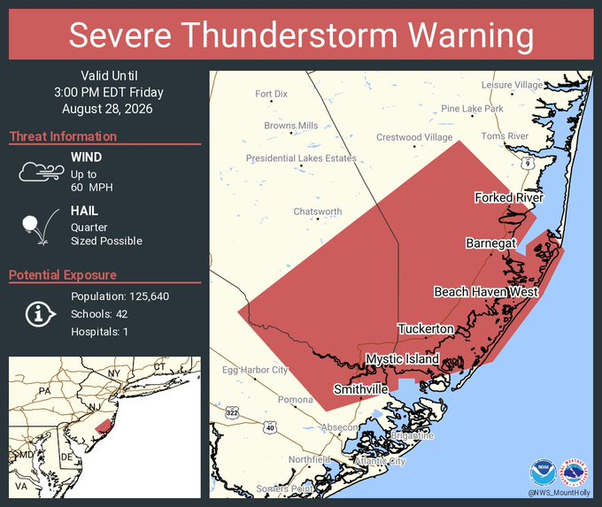 Severe Thunderstorm Warning for Mystic Island, Smithville and Forked River Until 3 PM 3 Severe Thunderstorm Warning for Mystic Island, Smithville and Forked River Until 3 PM