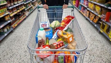 أطعمة معلبة في عربة تسوق في مركز تجاري