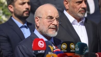 رئيس مجلس الشورى الإيراني يتحدث امام مراسلين قرب مطار بغداد أغسطس/آب 2026