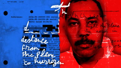 ما الذي تكشفه فيديوهات جديدة عن الرجل السعودي في دعوى ضحايا 11 سبتمبر؟ 6 A composite image showing a red-tinted mugshot of Omar al-Bayoumi, a man with a moustache and short hair, overlaid with mathematical calculations and notes about the height of a plane, along with a sketch. Next to him on the left, is a blue-tinted reproduction of a partially redacted page of government files about Bayoumi.