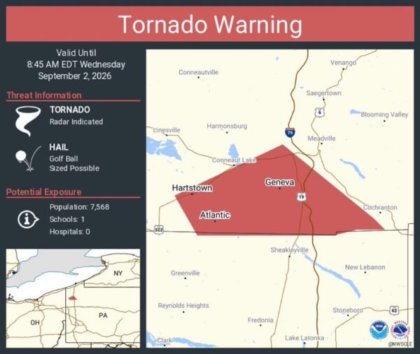 Tornado Warning Continues for Hartstown, Geneva and Atlantic, Pennsylvania