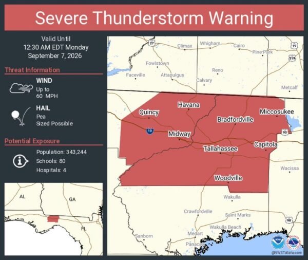 Severe Thunderstorm Warning Issued for Tallahassee, Quincy and Midway, Florida