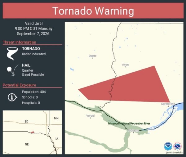 Tornado Warning Issued for Parts of Bon Homme and Charles Mix Counties, South Dakota