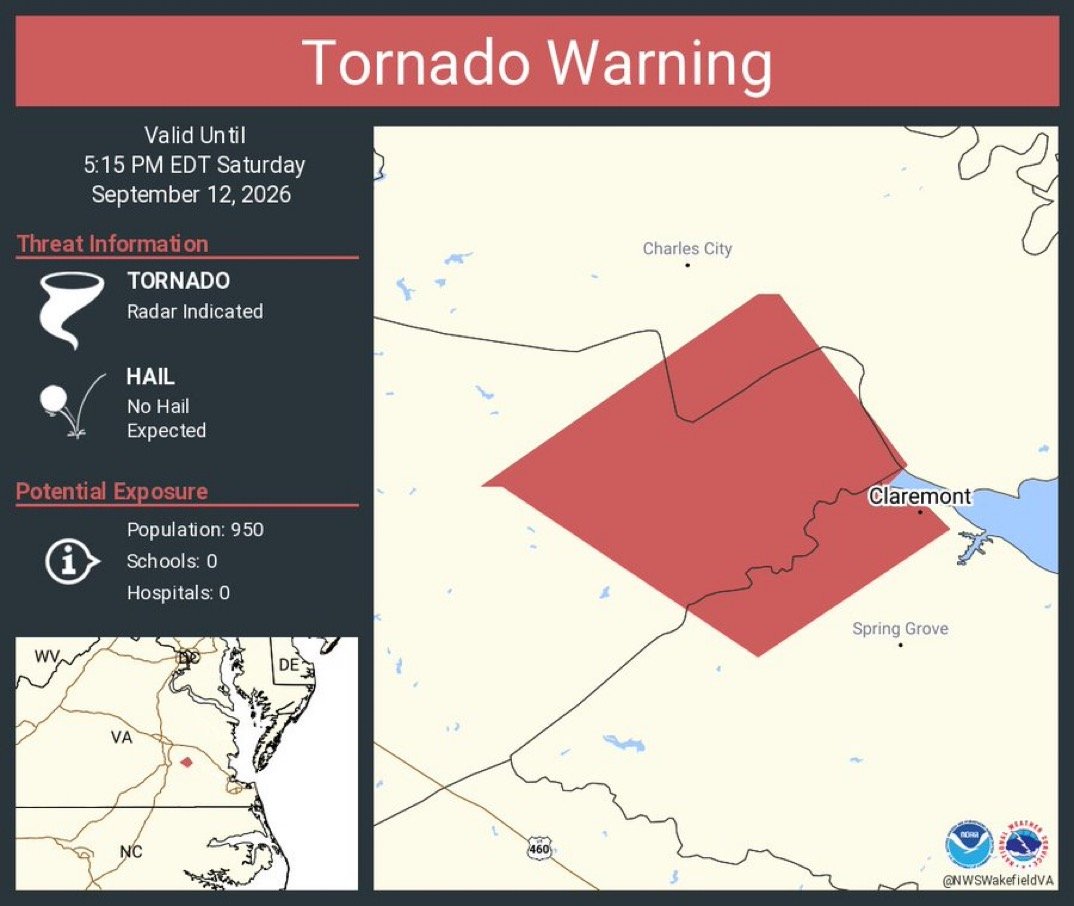 Tornado Warning Continues for Claremont, Virginia Until 5:15 PM EDT