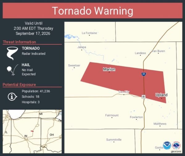 Tornado Warning Continues for Marion and Upland, Indiana, Until 2 AM EDT 1 Tornado Warning Continues for Marion and Upland, Indiana, Until 2 AM EDT