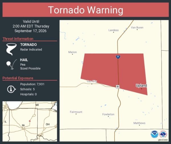 Tornado Warning Continues for Upland, Indiana, Until 2 AM EDT 1 Tornado Warning Continues for Upland, Indiana, Until 2 AM EDT