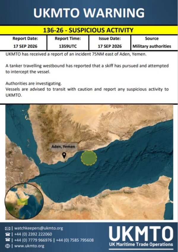 Tanker Reports Attempted Interception by Skiff East of Aden, Yemen — UKMTO 1 Tanker Reports Attempted Interception by Skiff East of Aden, Yemen — UKMTO