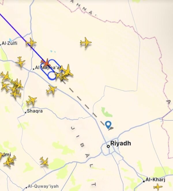 Several flights circle near Riyadh airport as holding patterns appear on tracking data