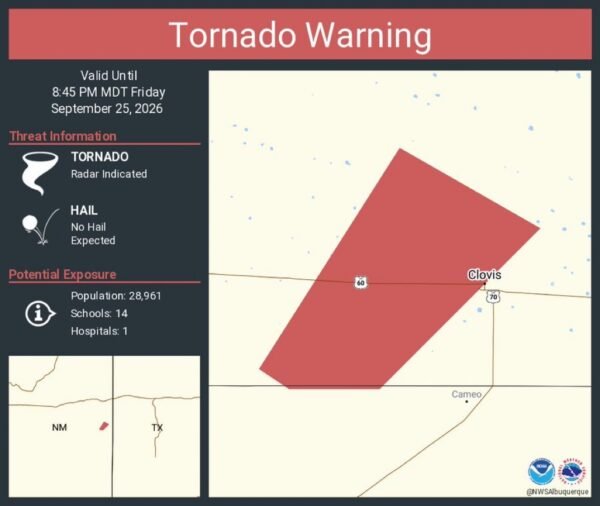 Tornado Warning for Clovis, New Mexico, Until 8:45 PM MDT