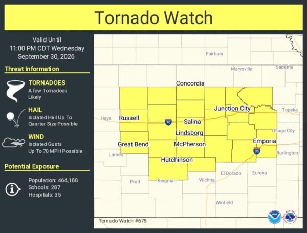 Tornado Watch issued for parts of Kansas until 11 PM CDT
