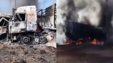 Colisão entre caminhões provoca incêndio e deixa duas pessoas feridas na BR-155, no Pará 4 Colisão entre caminhões provoca incêndio e deixa duas pessoas feridas na BR-155, no Pará