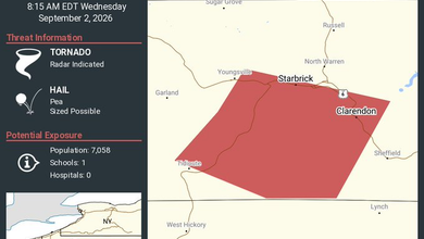 Tornado Warning: Tornado Warning Continues for Starbrick and Clarendon, Pennsylvania