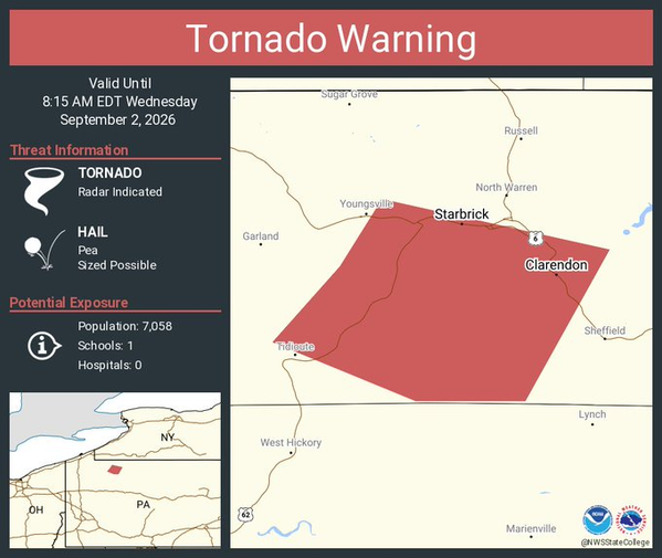 Tornado Warning Continues for Starbrick and Clarendon, Pennsylvania