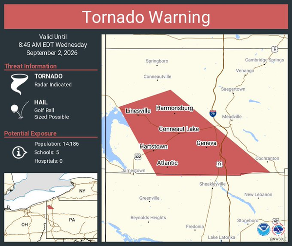 Tornado Warning Continues for Linesville, Conneaut Lake and Harmonsburg, Pennsylvania