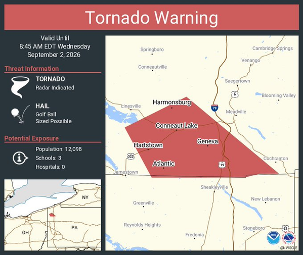 Tornado Warning Continues for Conneaut Lake, Harmonsburg and Hartstown, Pennsylvania